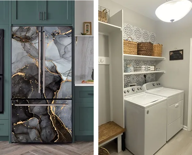 marble appliance vinyl wrap with black, gray, and gold details on a refrigerator and a plain white washer