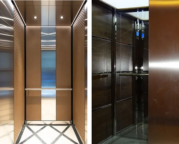modern elevators with various vinyl wraps, including quilted brown and dark woodgrain