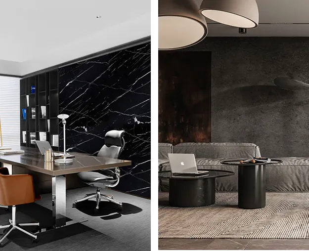 office features a desk in front of a black marble wall