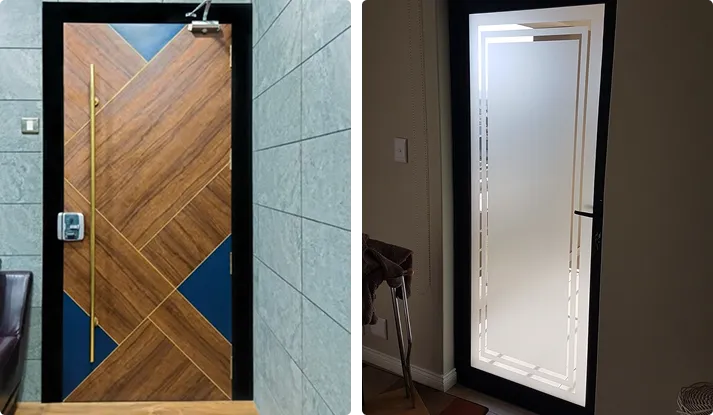 one with a wood grain and blue vinyl wrap in a geometric pattern, and another with a frosted glass