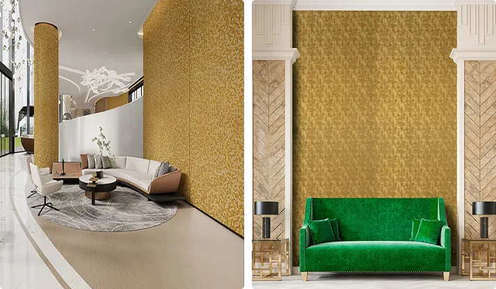 patterned vinyl wrap on a curved wall and a column, and a gold vinyl wrap