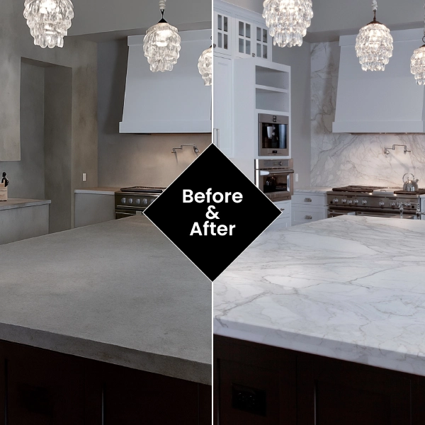 plain gray countertop, while the right side shows the same countertop wrapped