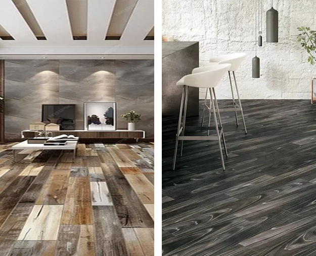 rooms featuring different styles of LVT flooring, one with a varied wood plank pattern and the other with a dark