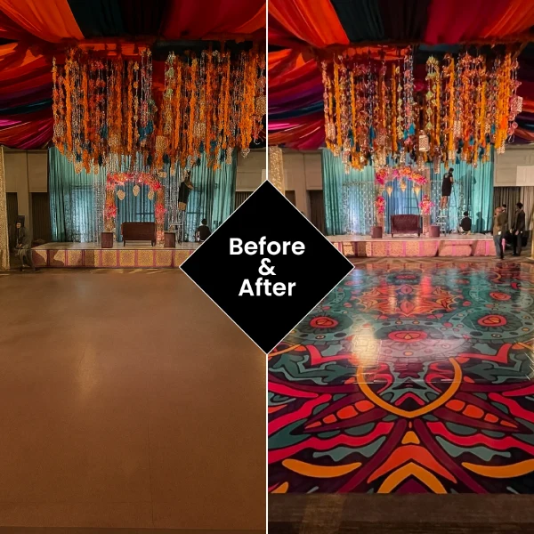 solid-colored floor, while the right side shows the same floor covered with a brightly colored, patterned wrap