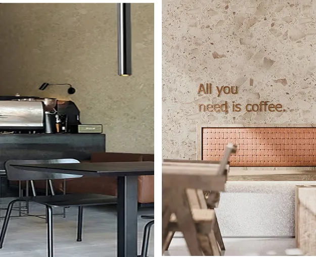 speckled vinyl wrap on a cafe wall and a lighter speckled terrazzo