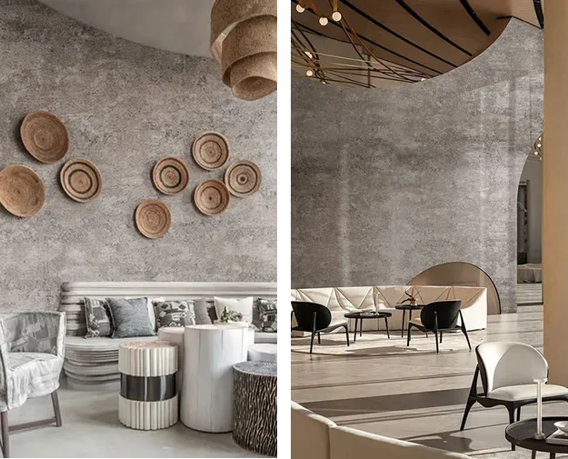textured, concrete-look vinyl wrap on the walls