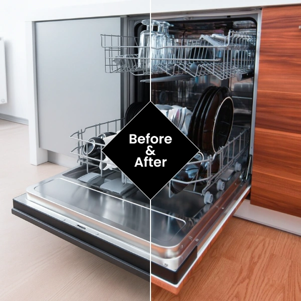 Two-panel image showing a dishwasher with a gray panel on the left and a wood-grain panel on the right