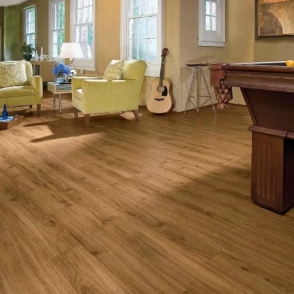 Warm brown wood-look plank flooring in a cozy living room