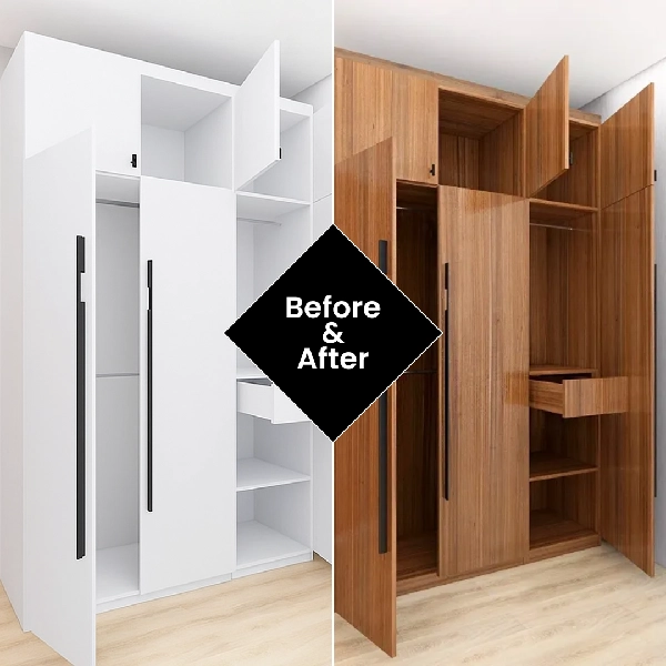 White and wood-grain cupboards with black handles